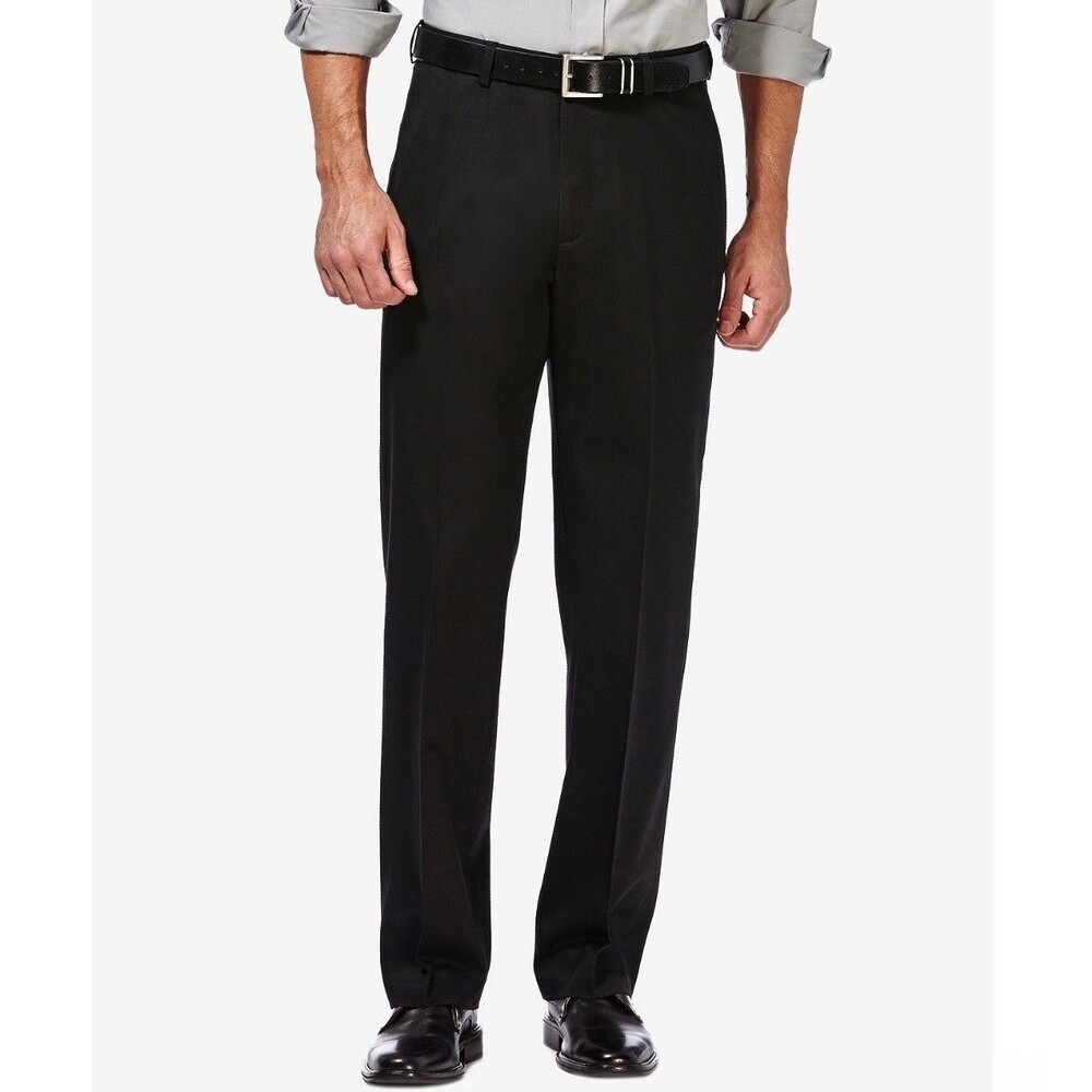 $70 NEW HAGGAR Mens 36x30 Solid Black Classic Fit Trousers Dress Pants Slacks
